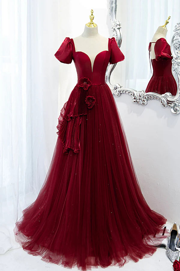 Wholesale Burgundy Satin Tulle Long Prom Dress A-Line Short Sleeve Evening Party Dress